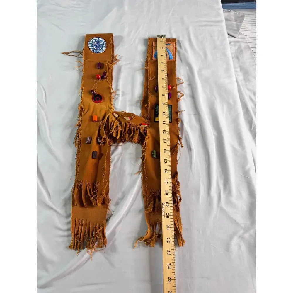Vintage Handmade Fringed Beaded Vest Folk Art Camp Costume Embroidered Patches